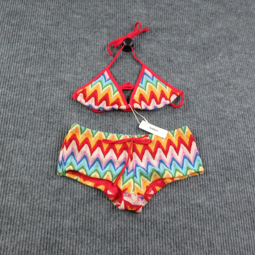 SEAMOLLY Bikini Womens XS Multicolor Crochet Boy Shorts Triangle Halter NWT